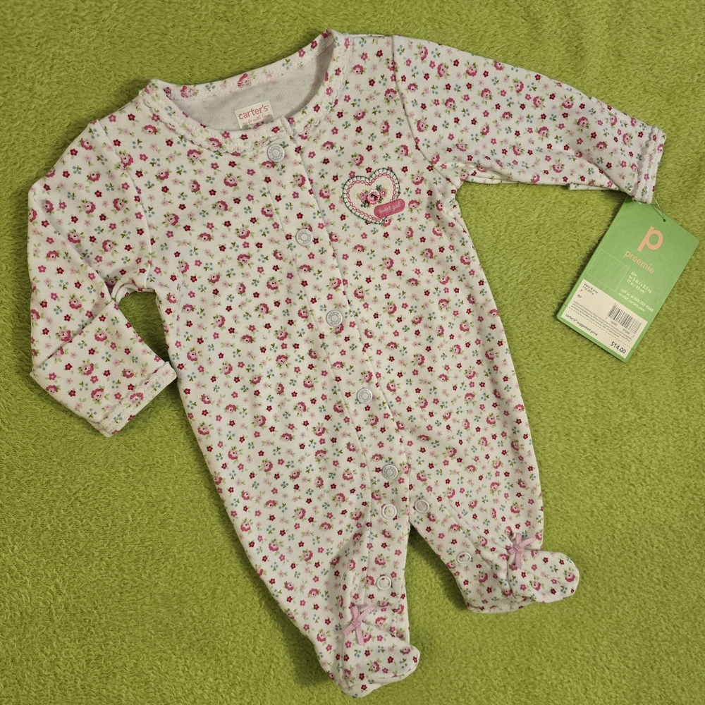 NWT PREEMIE Carters Baby Girls White & Pink Heart Floral Footie 100% COTTON (Q2)